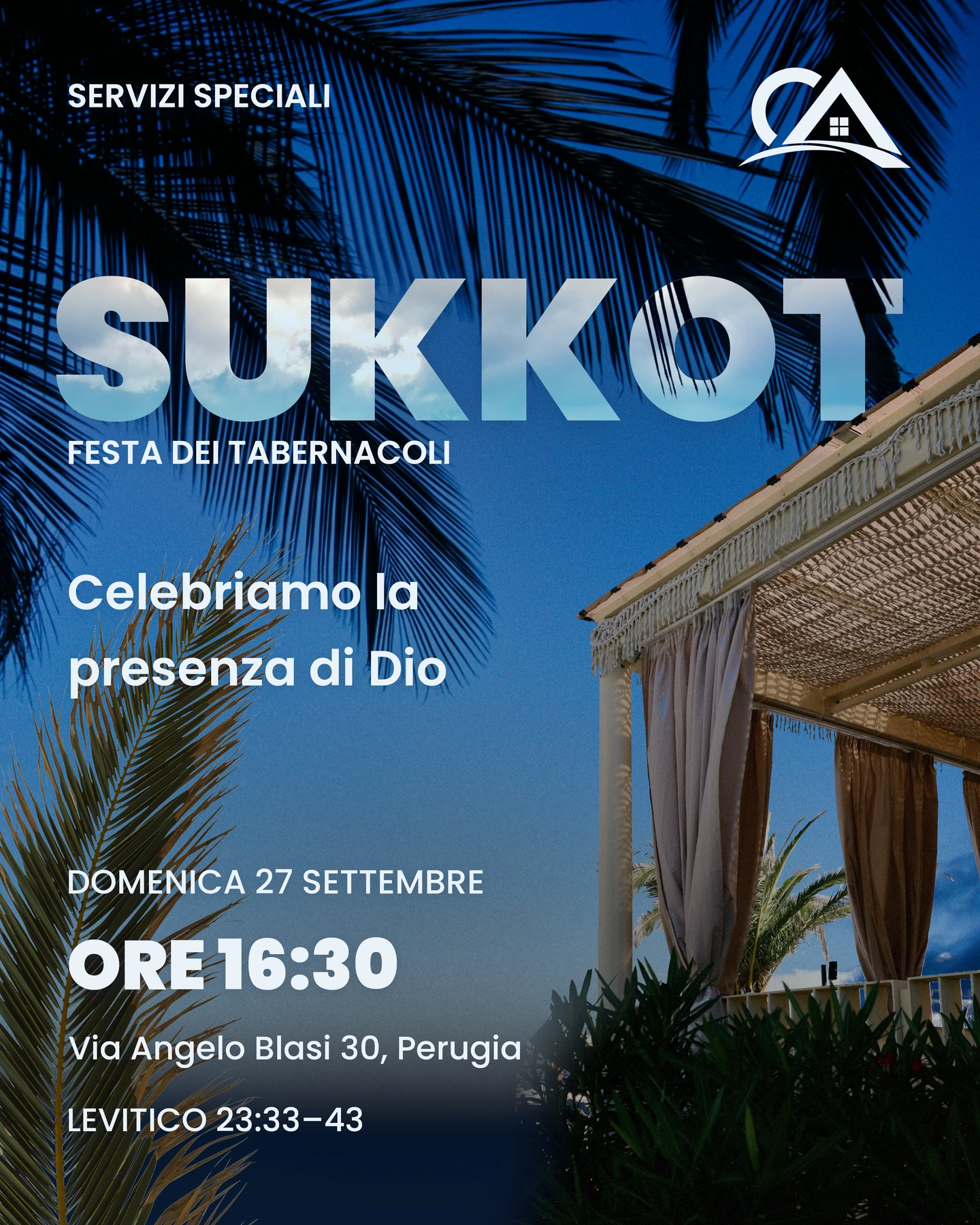 Progetto in evidenza: Sukkot, locandina con titolo argento, palme e pergola