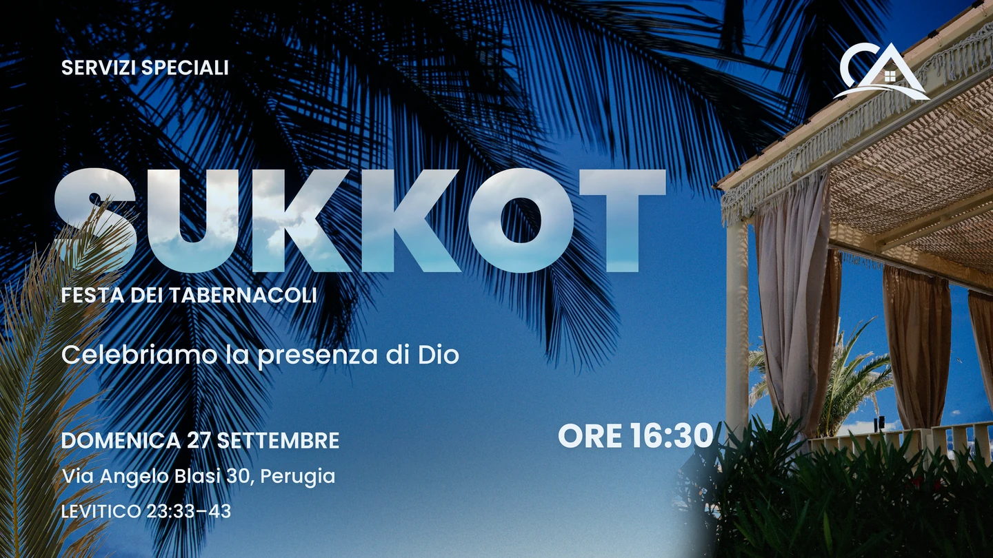 Sukkot, locandina orizzontale con palme al tramonto e pergola